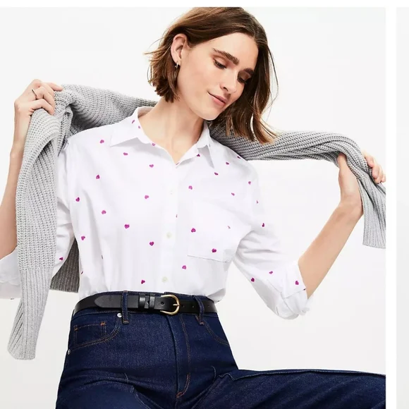 White Button-Up Shirt with Pink Accents - Picture 2 of 6